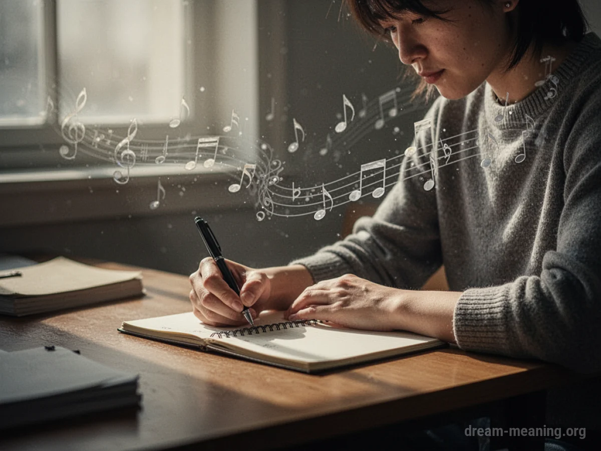 A person writing in a notebook at a desk with faint musical notes.