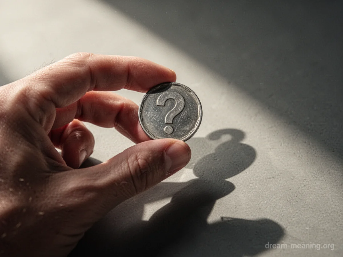 A hand holds a coin with a question mark on it.