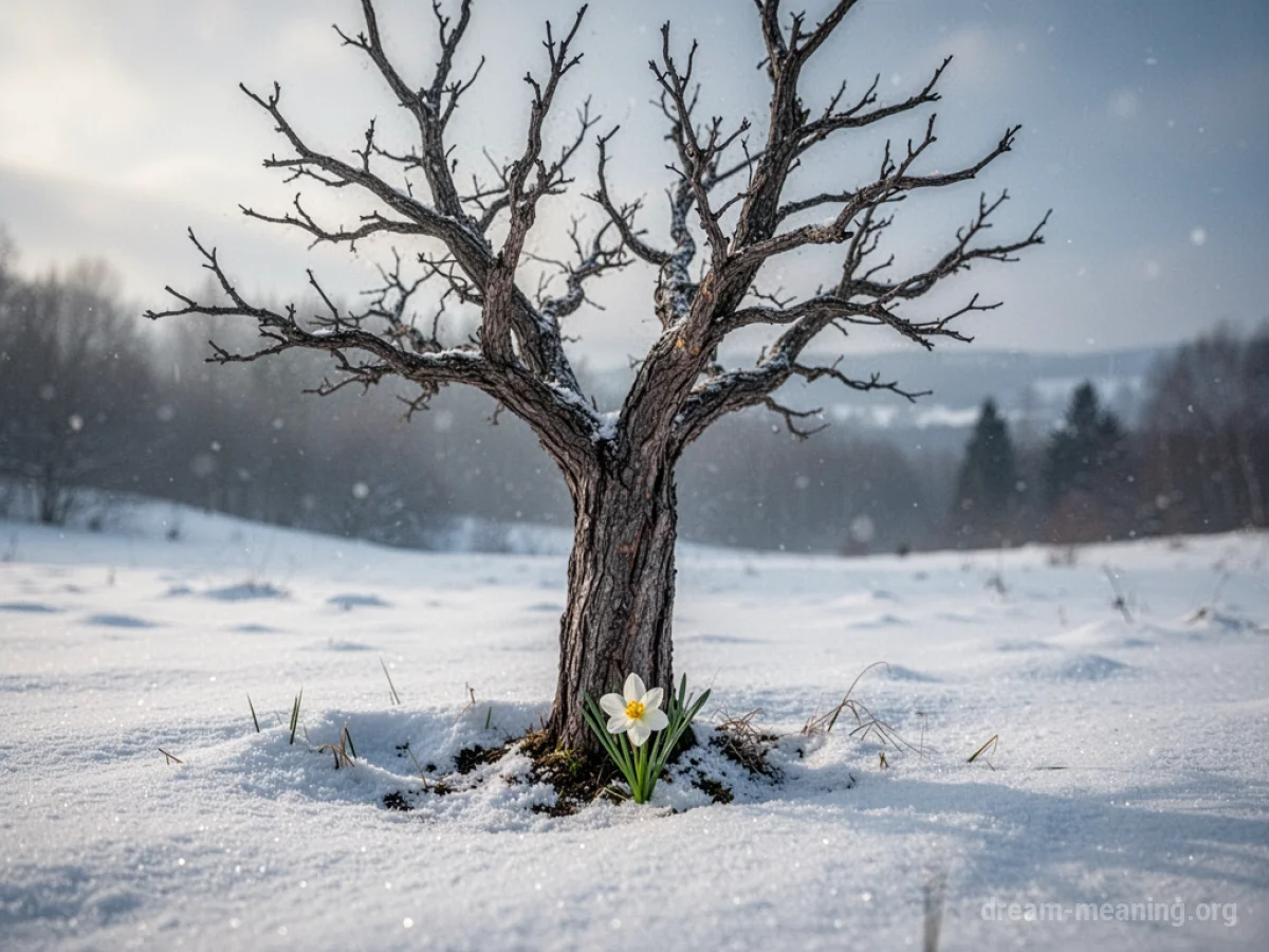 A single green sprout pushing through snow near a bare tree.