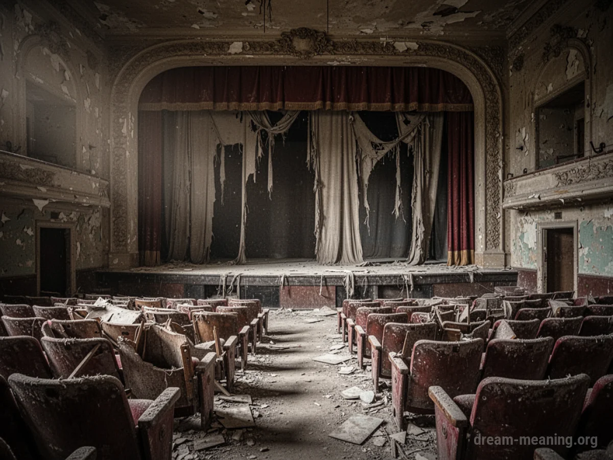 Interior of a dilapidated theater with broken seats and peeling wallpaper.