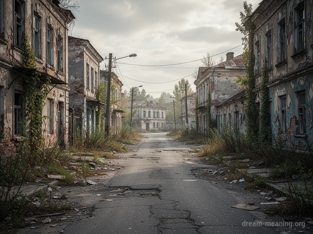 A deserted street in an abandoned town with overgrown weeds and dilapidated buildings.