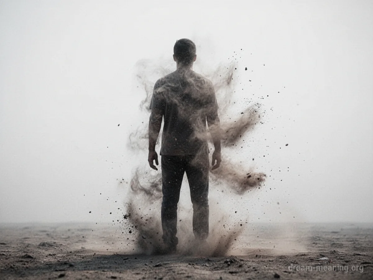 Silhouette of a person rapidly disintegrating into dust.