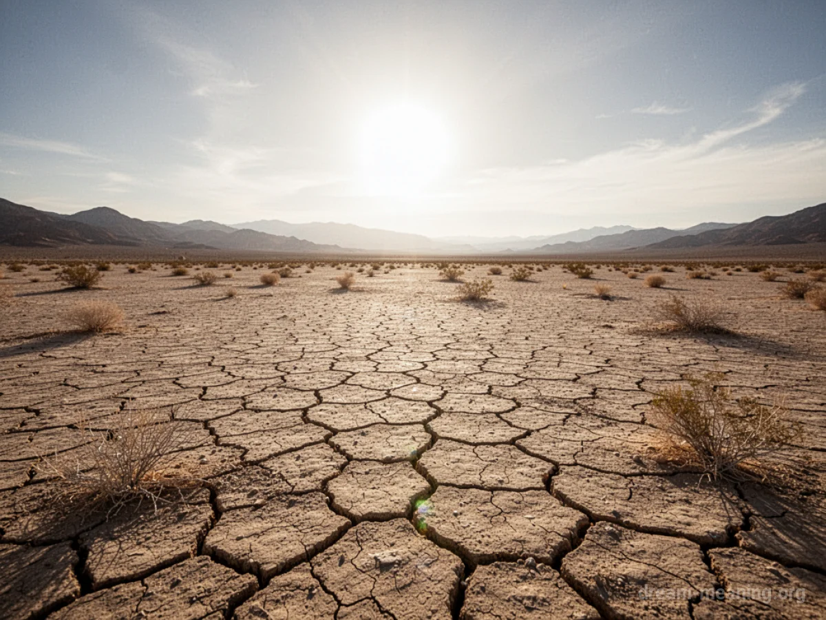 A vast, dry desert with cracked earth under a bright sun.