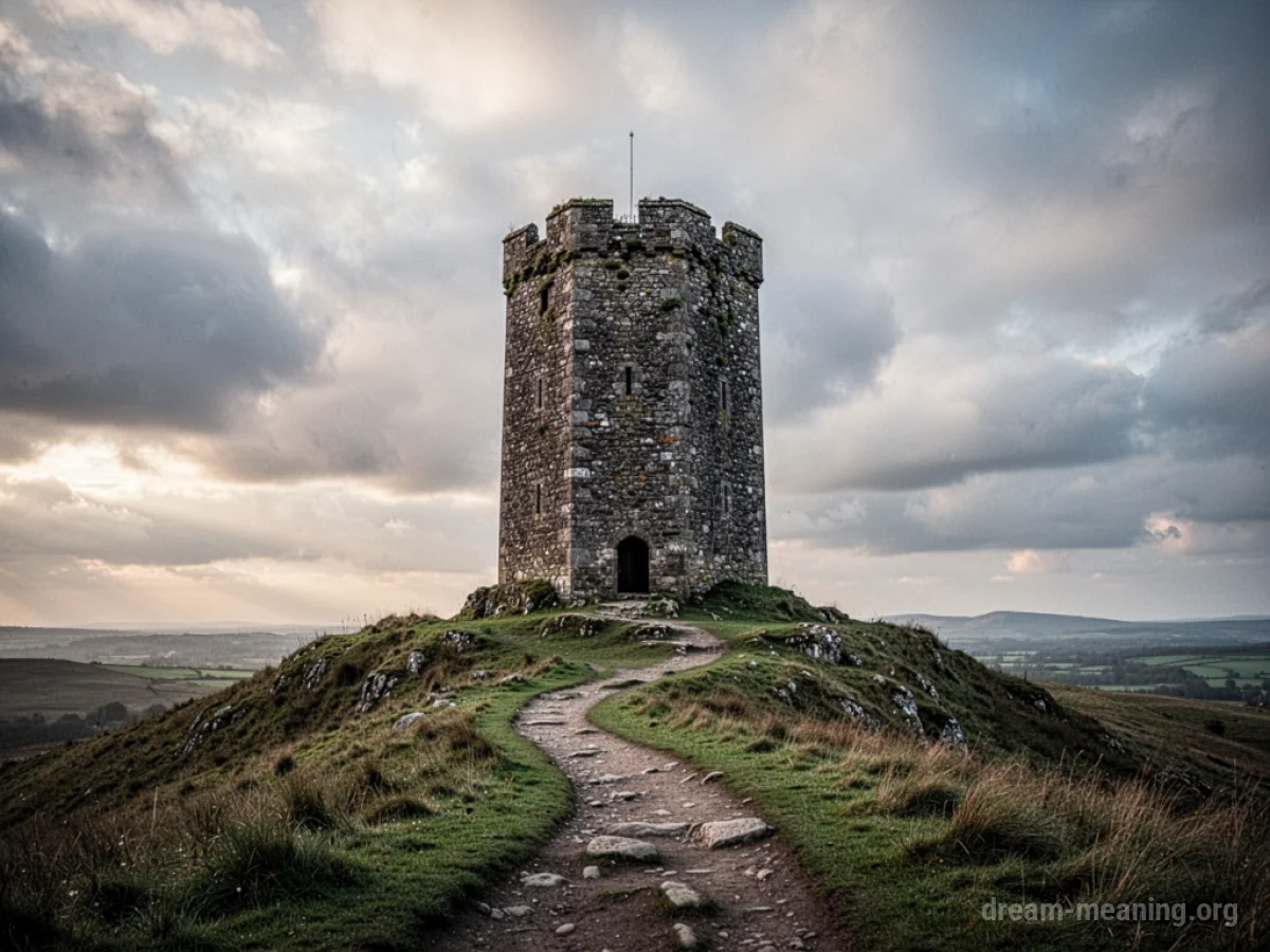 A lone ancient stone tower under a cloudy sky with a path.