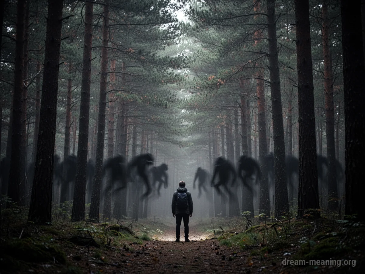 Silhouette of a person facing a dark forest with shadowy figures.