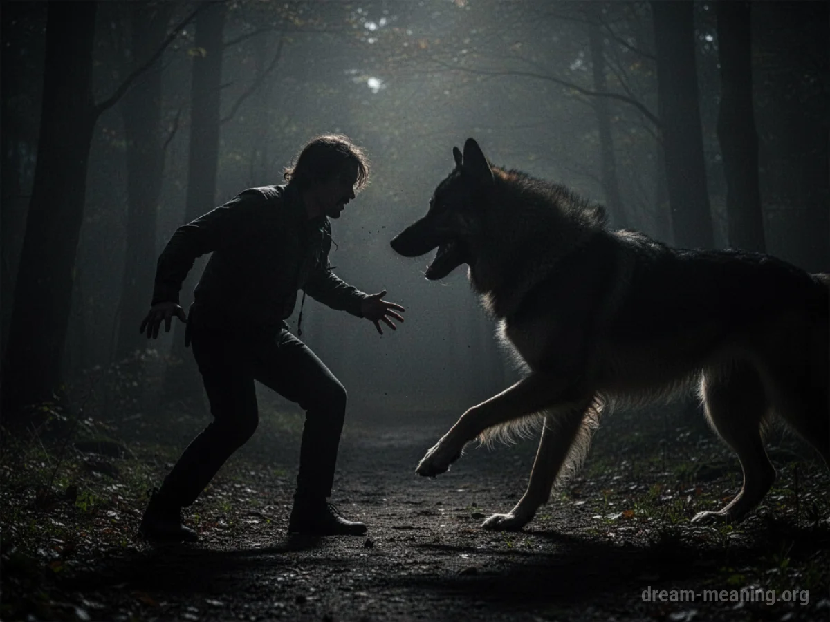 Silhouette of a person facing away from a dark, canine-like form.