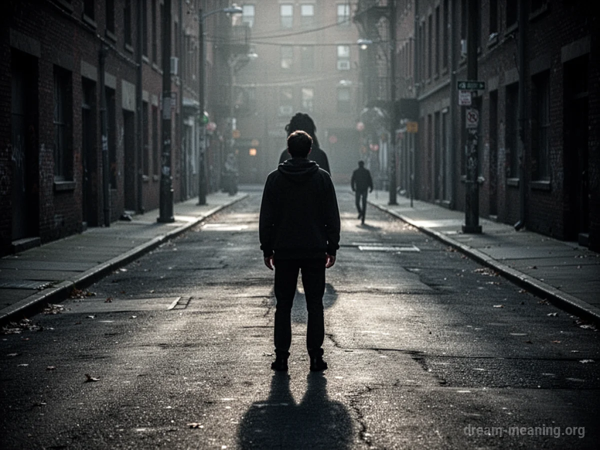 A silhouette of a person facing an approaching shadow on a street.