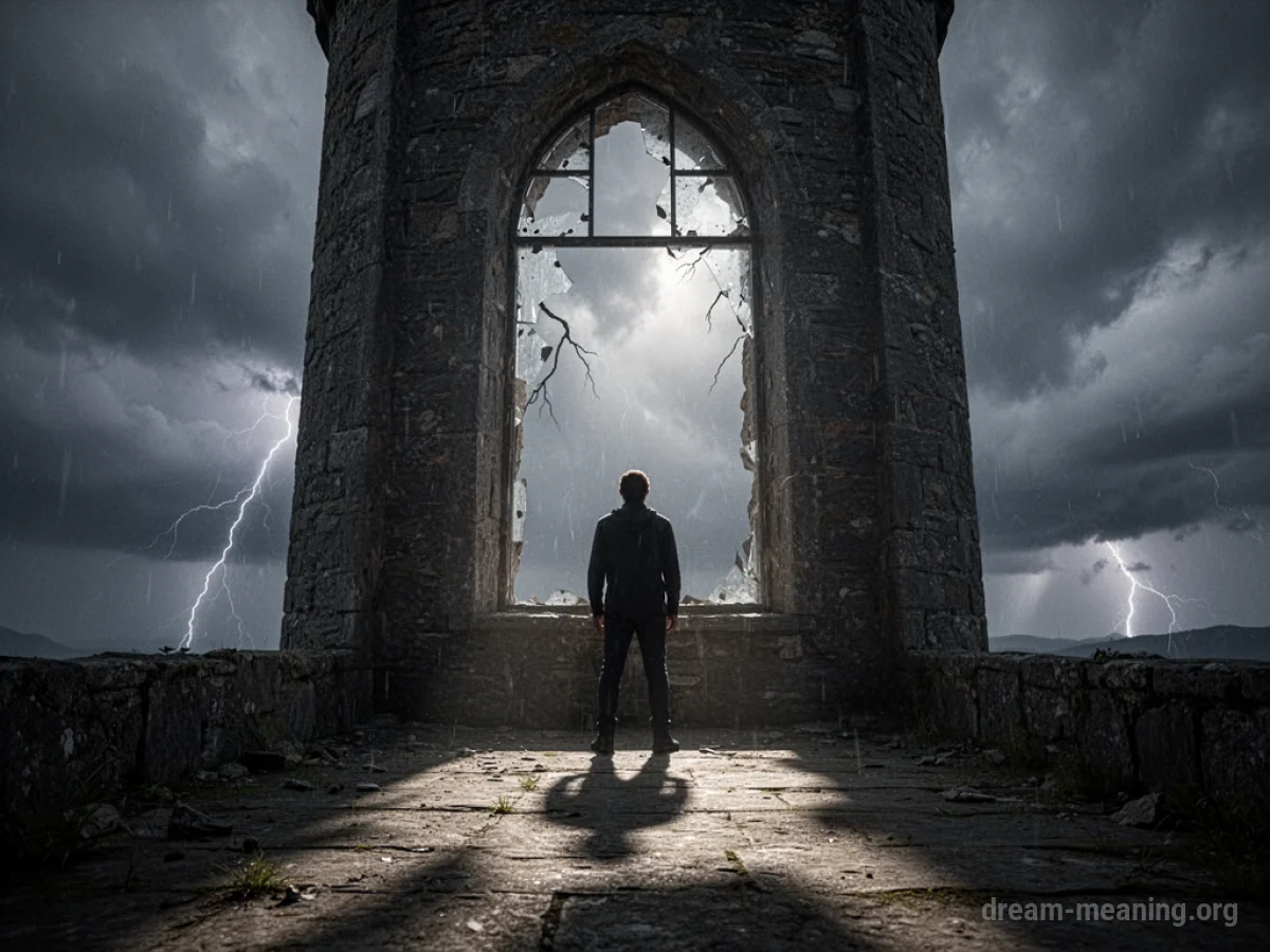Silhouette of a person inside a stone tower with a damaged window.