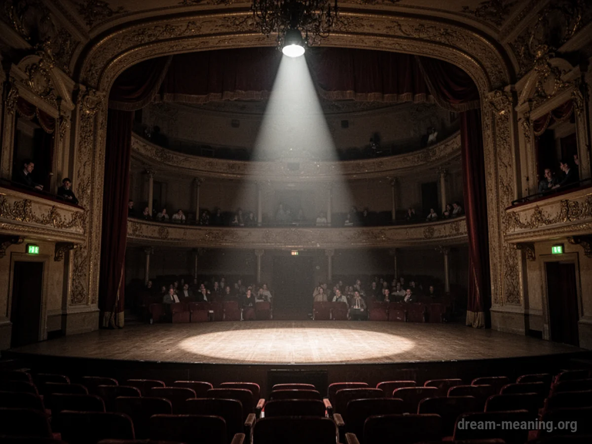 An empty theater stage with a single spotlight and distant audience silhouettes.
