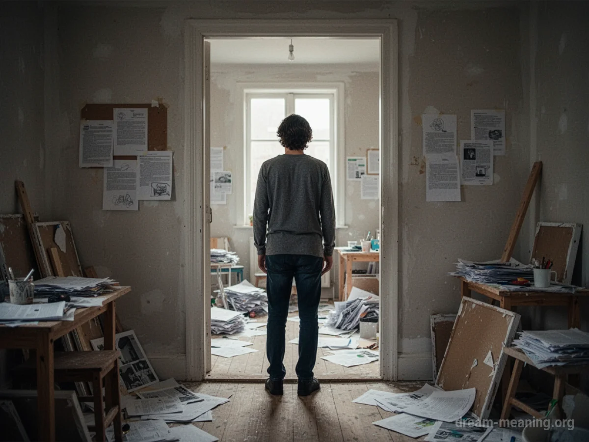 Person hesitates at a doorway leading to a room with scattered papers.