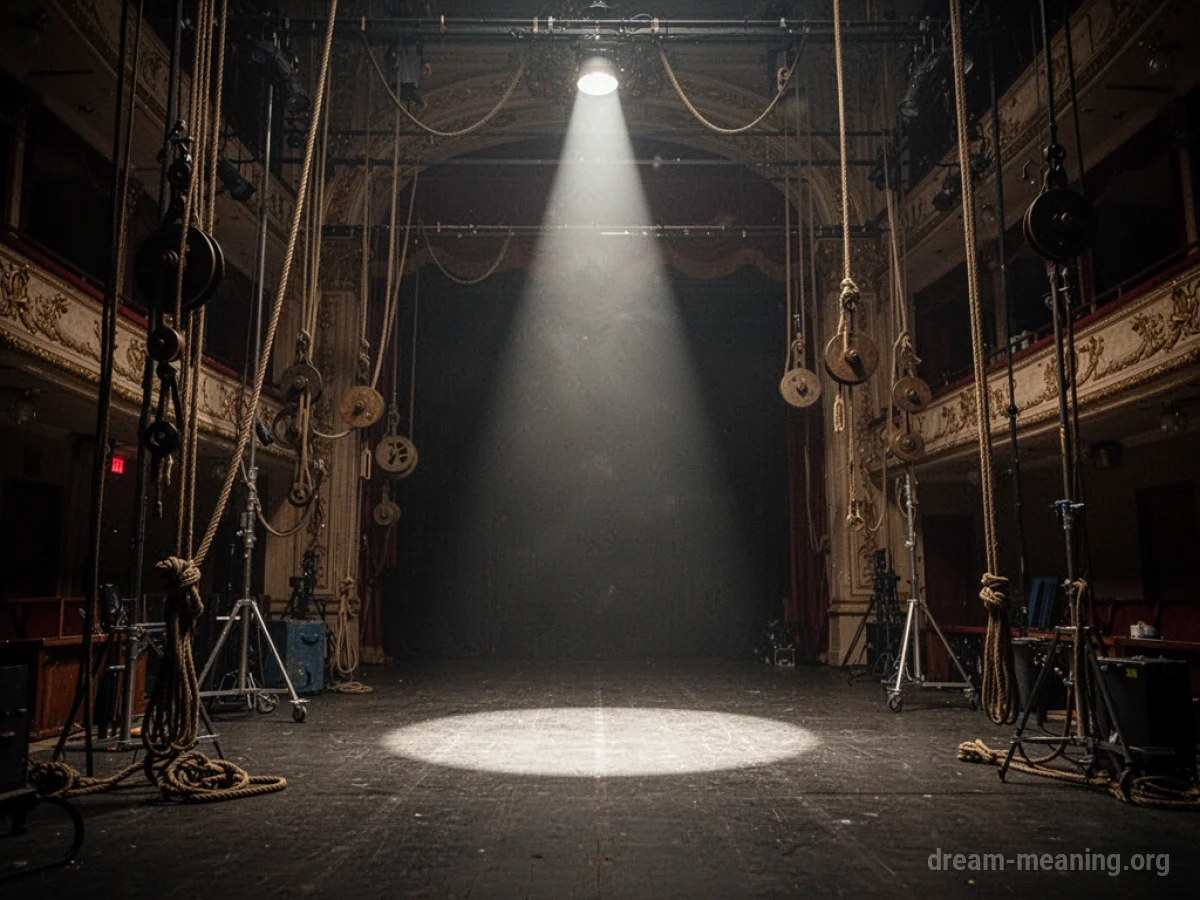 Dimly lit backstage area of a theater with stage equipment.