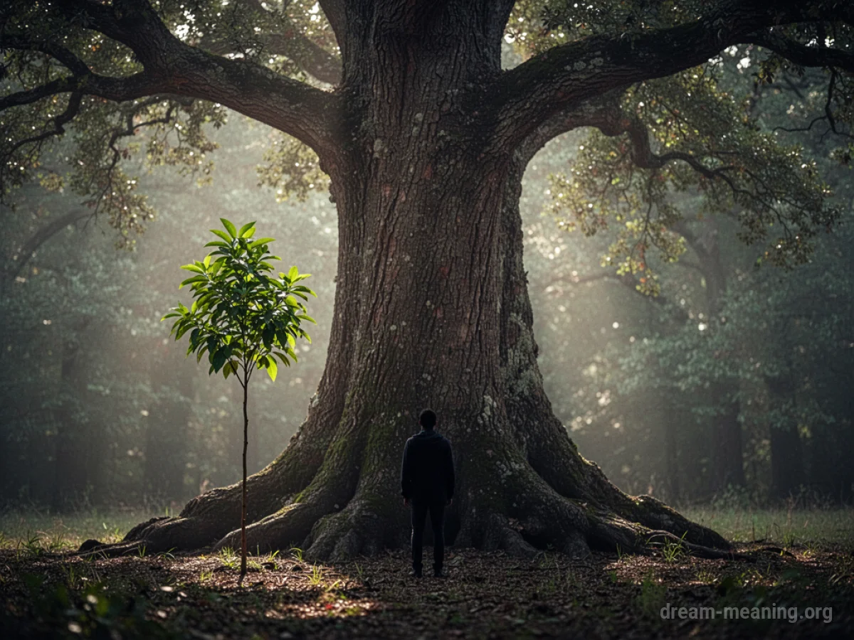 Silhouette of a person next to a large tree and a small sapling.
