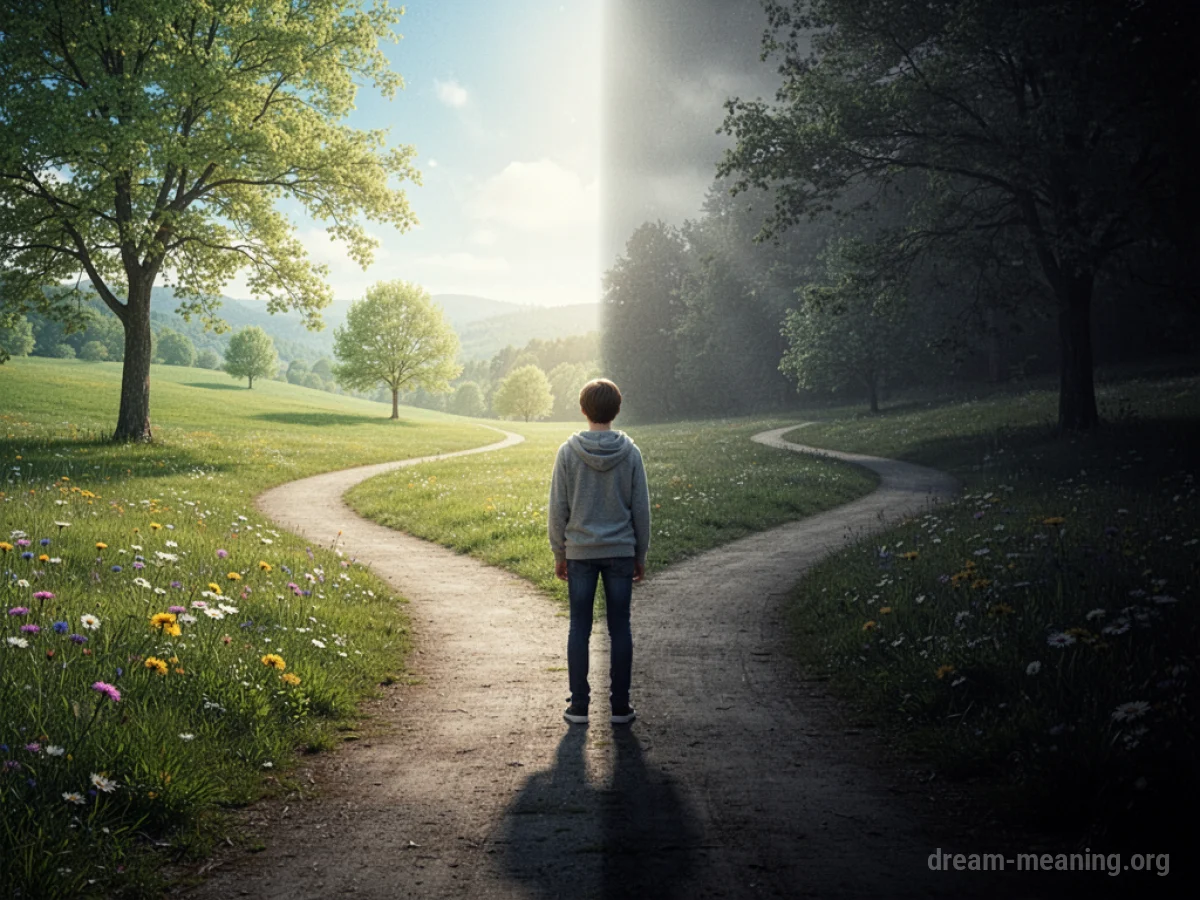 A person stands at a crossroads with one path appearing younger and brighter than the other.