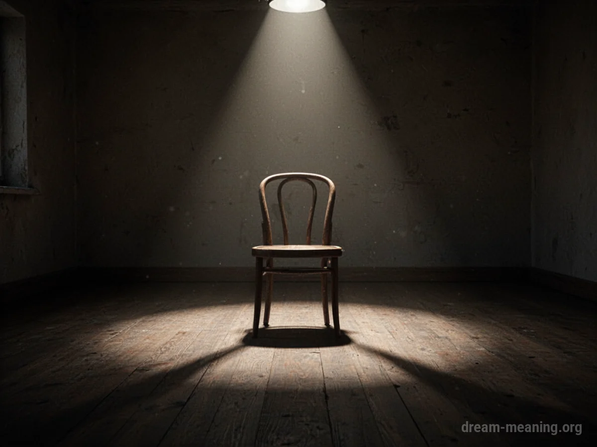 An empty chair in a dark room with a spotlight.