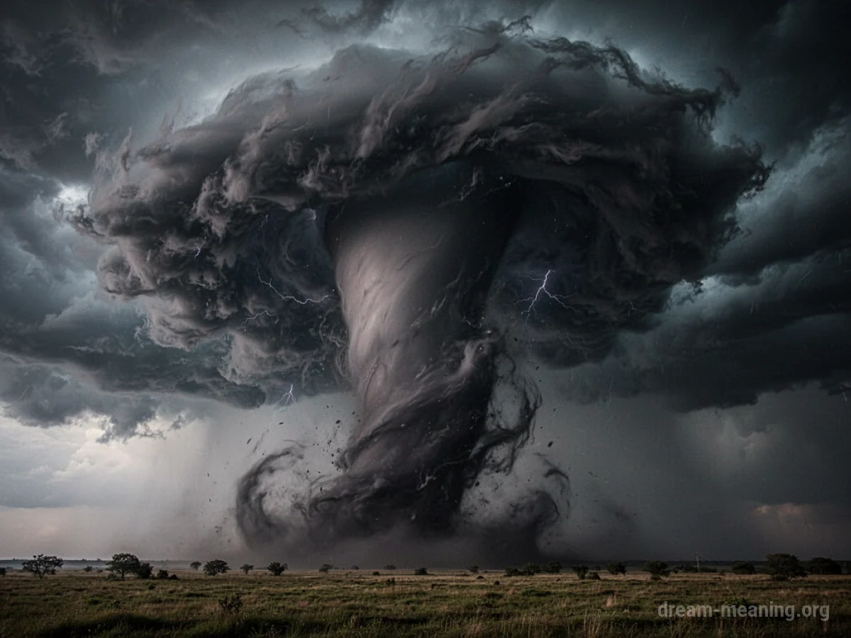 A dark tornado funnel cloud against a gray, turbulent sky.