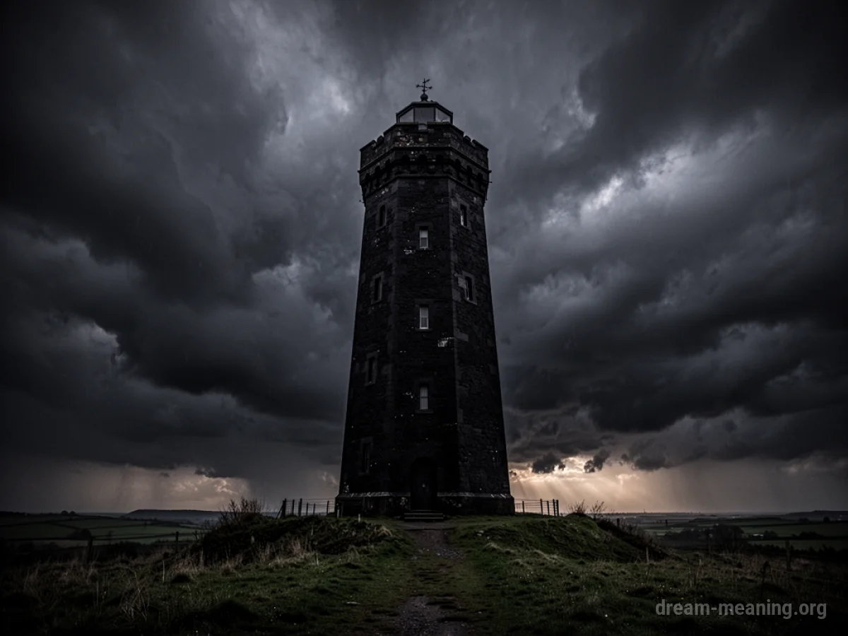A tall, dark tower stands alone under a cloudy sky.
