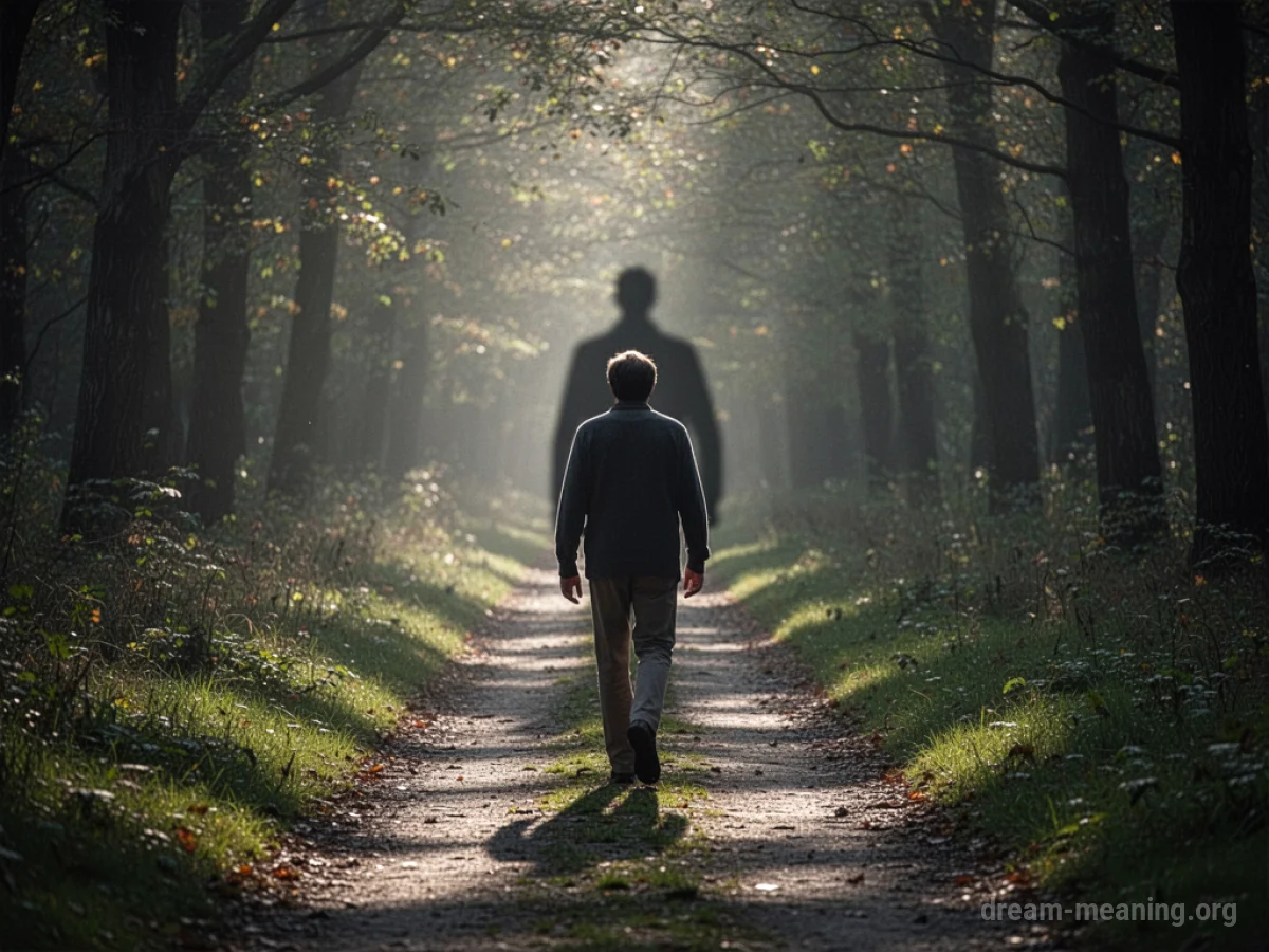 A person walks toward a shadowy silhouette.