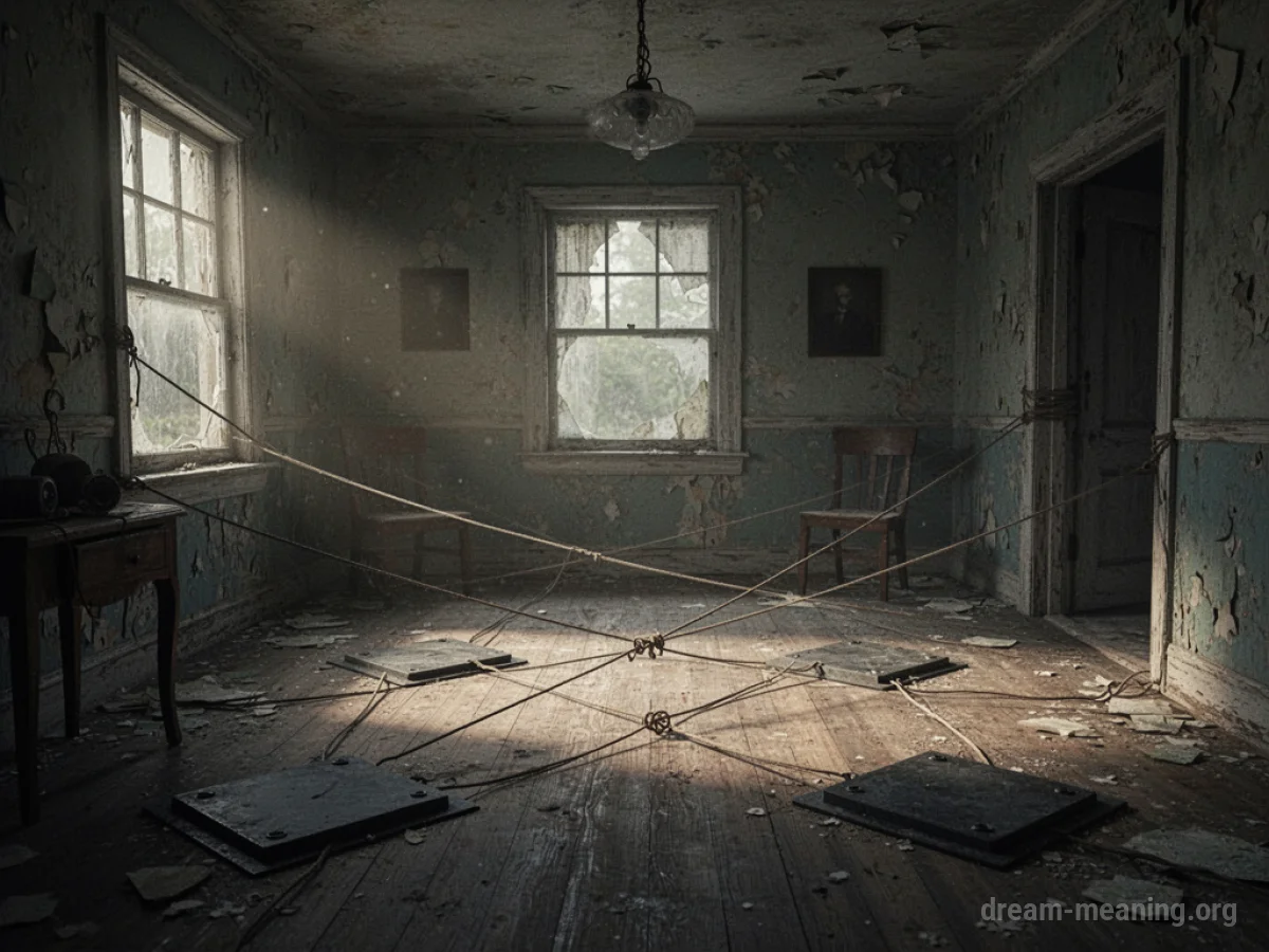 Interior of an old, dark house with visible tripwires across the floor.