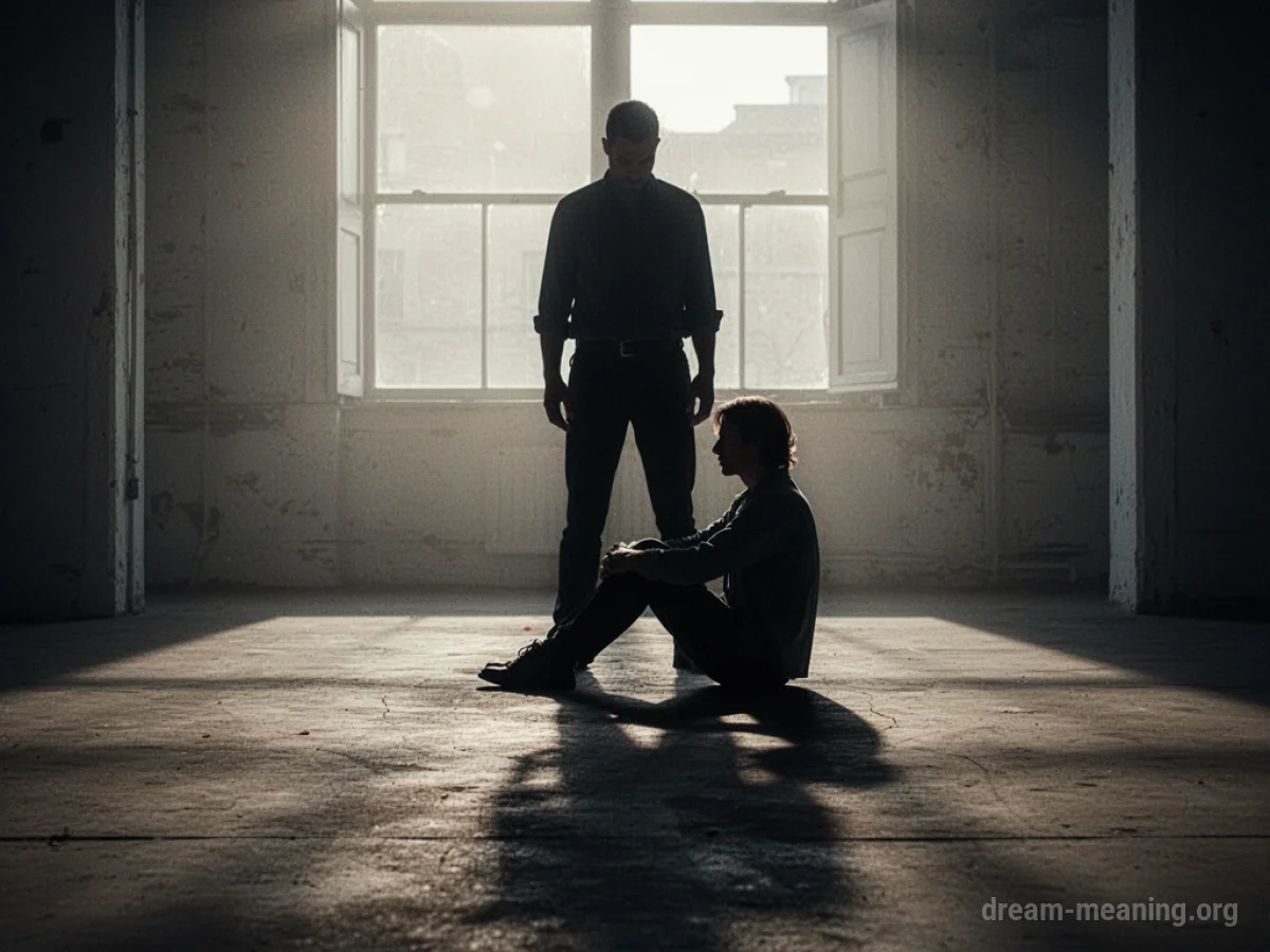 Silhouette of a large figure looming over a smaller seated figure.