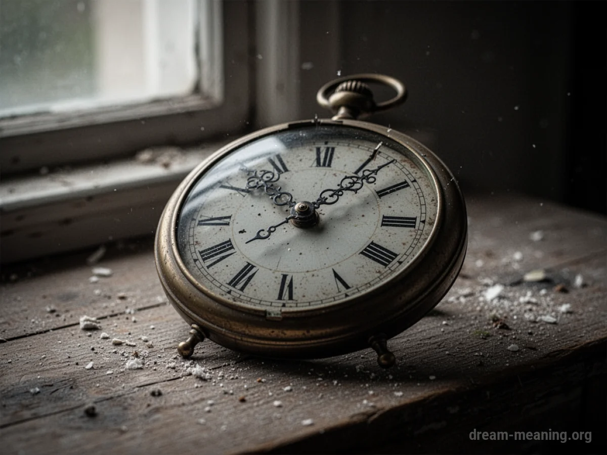 An antique clock with broken hands lying on a wooden table.