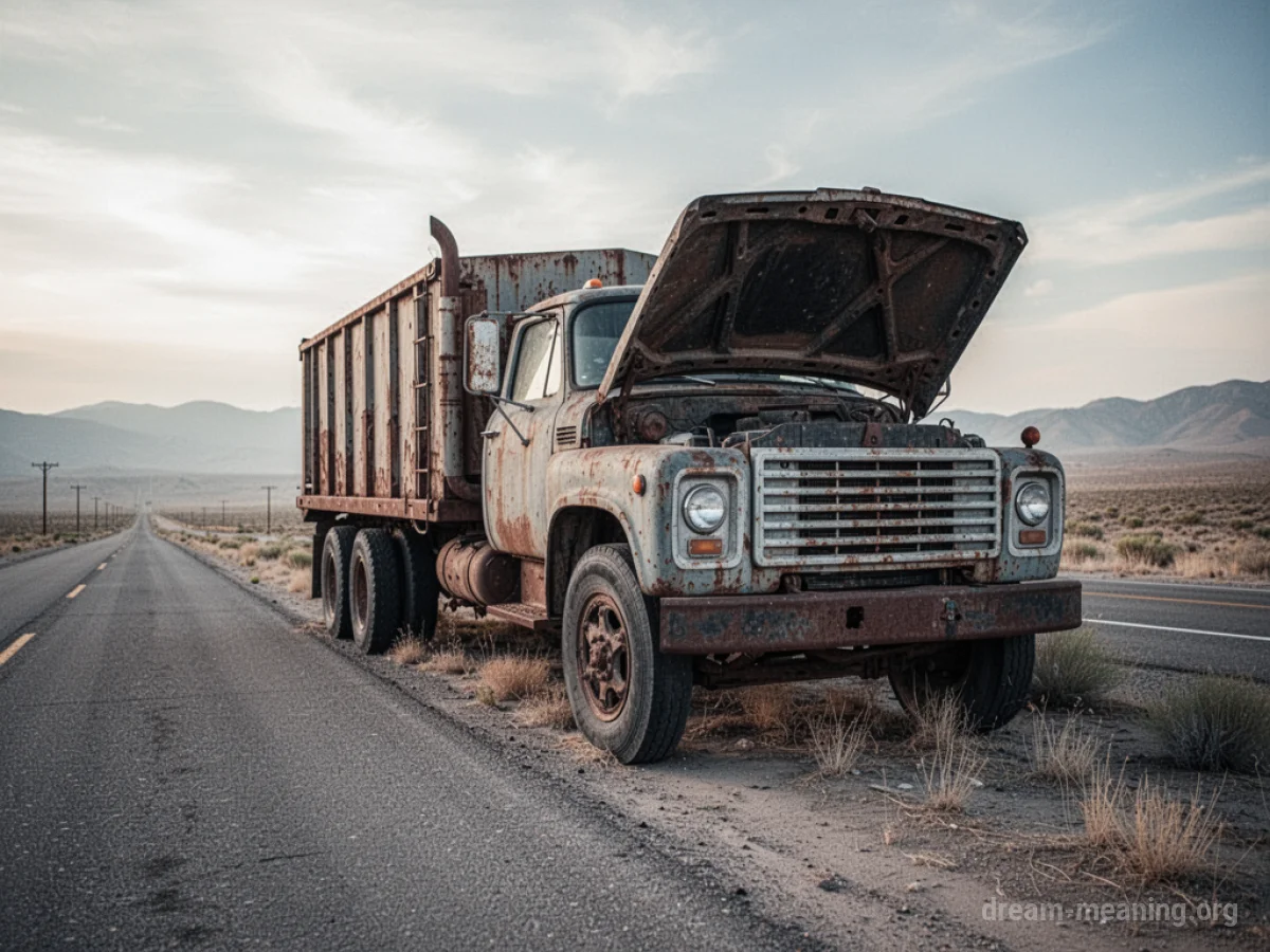 A large truck stopped on the side of a highway with its hood open.