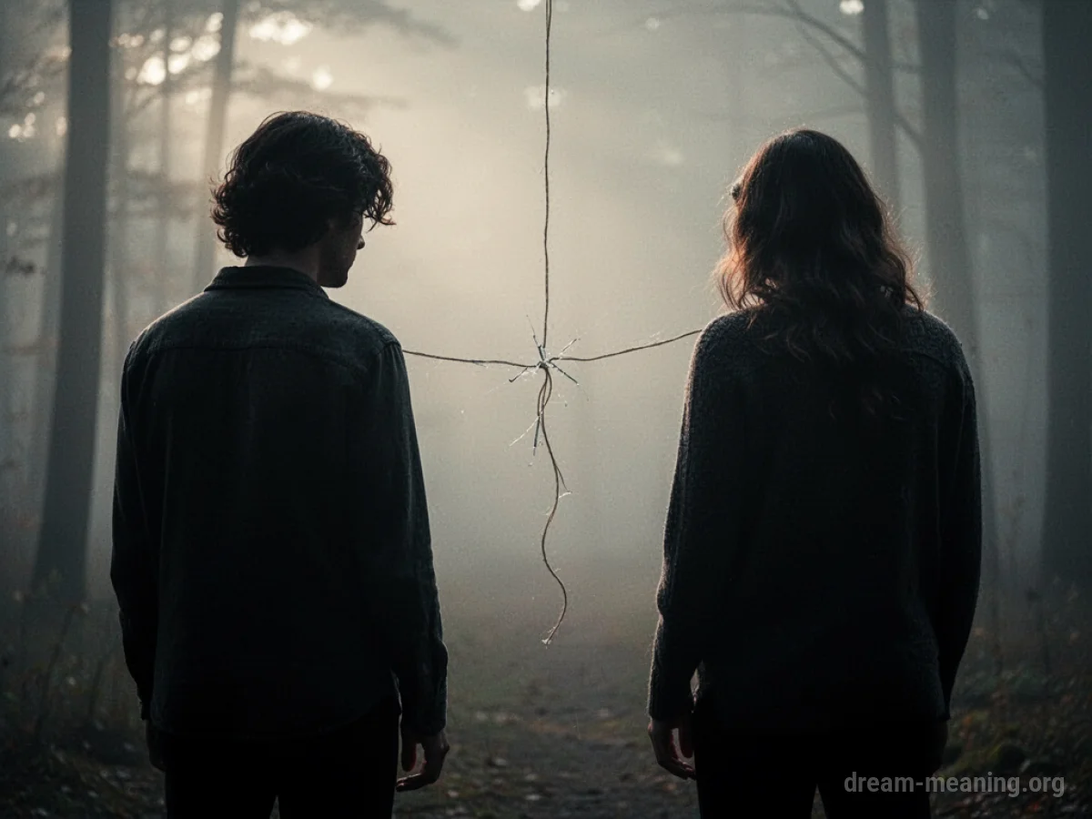 Two silhouetted figures are separated by a broken string.