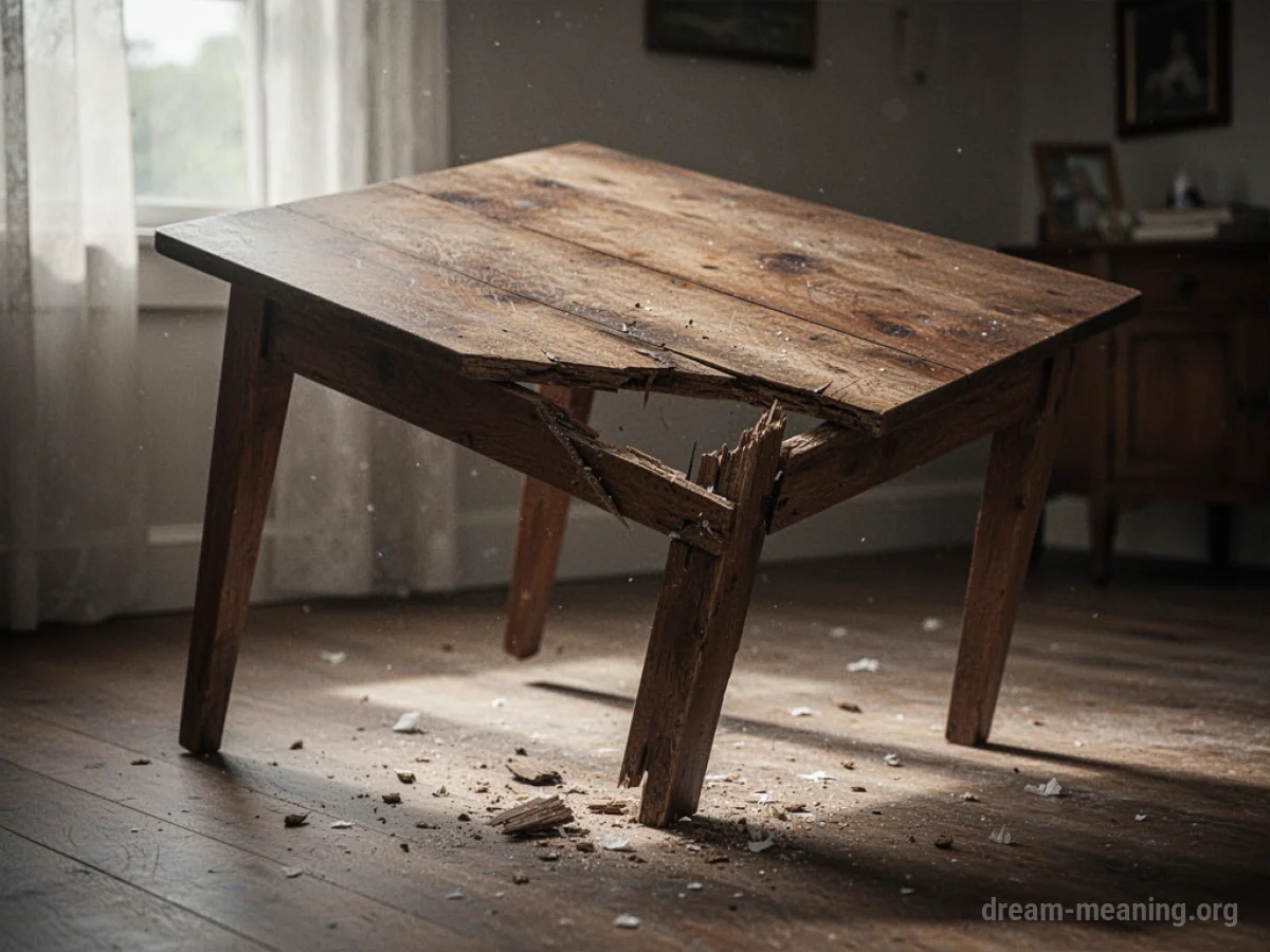 A wooden table with a broken leg, tilted.