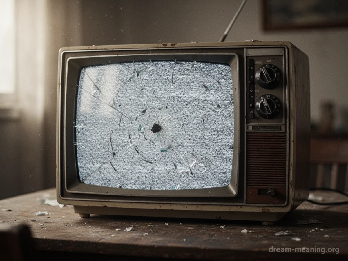 A vintage television with a cracked screen showing static.