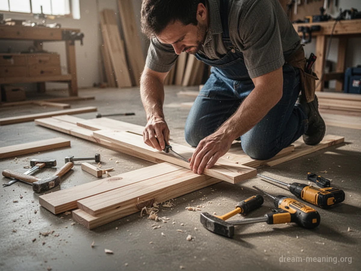 A person's hands assembling a wooden table with tools.