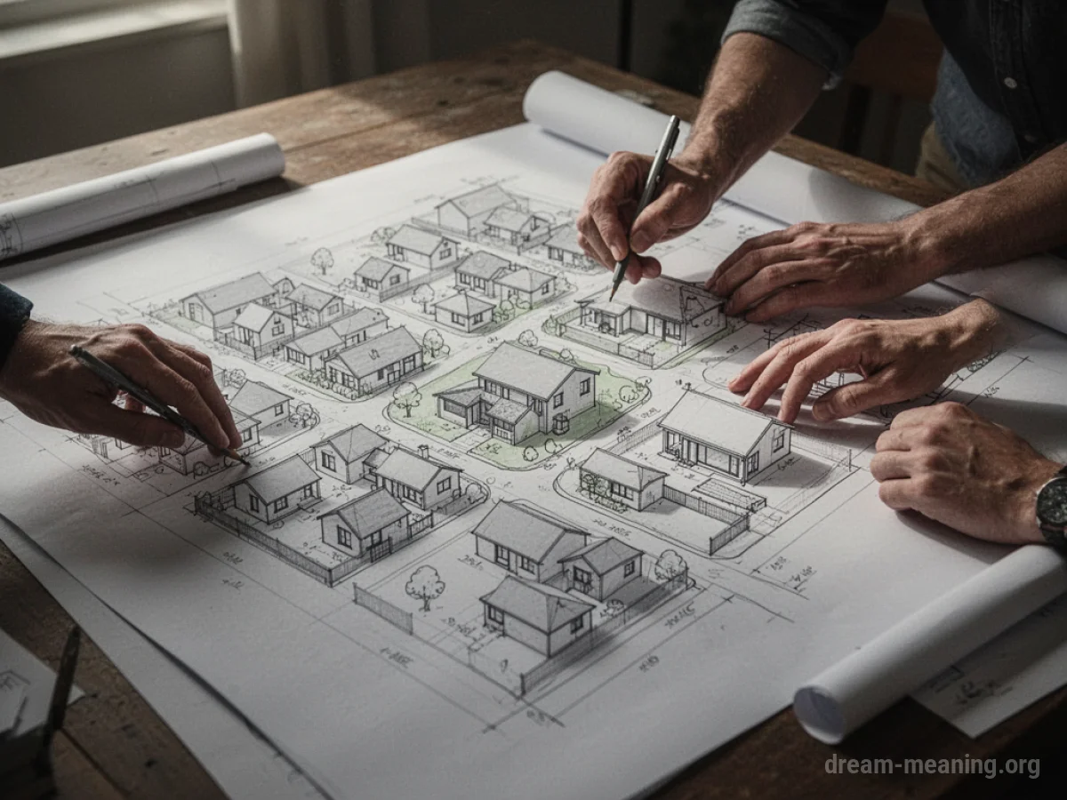 Hands drawing on a blueprint of a town.