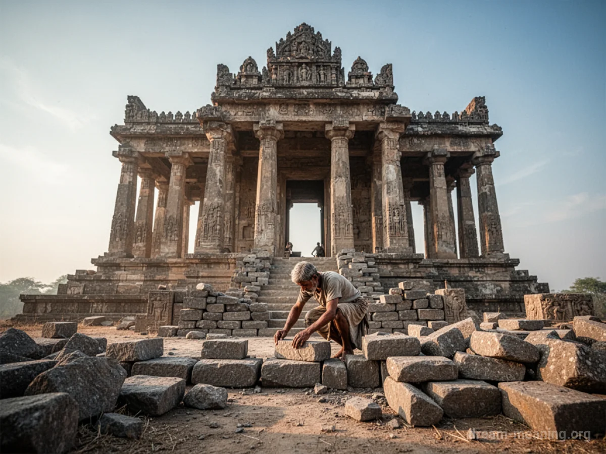 A person laying stones to construct a large temple.