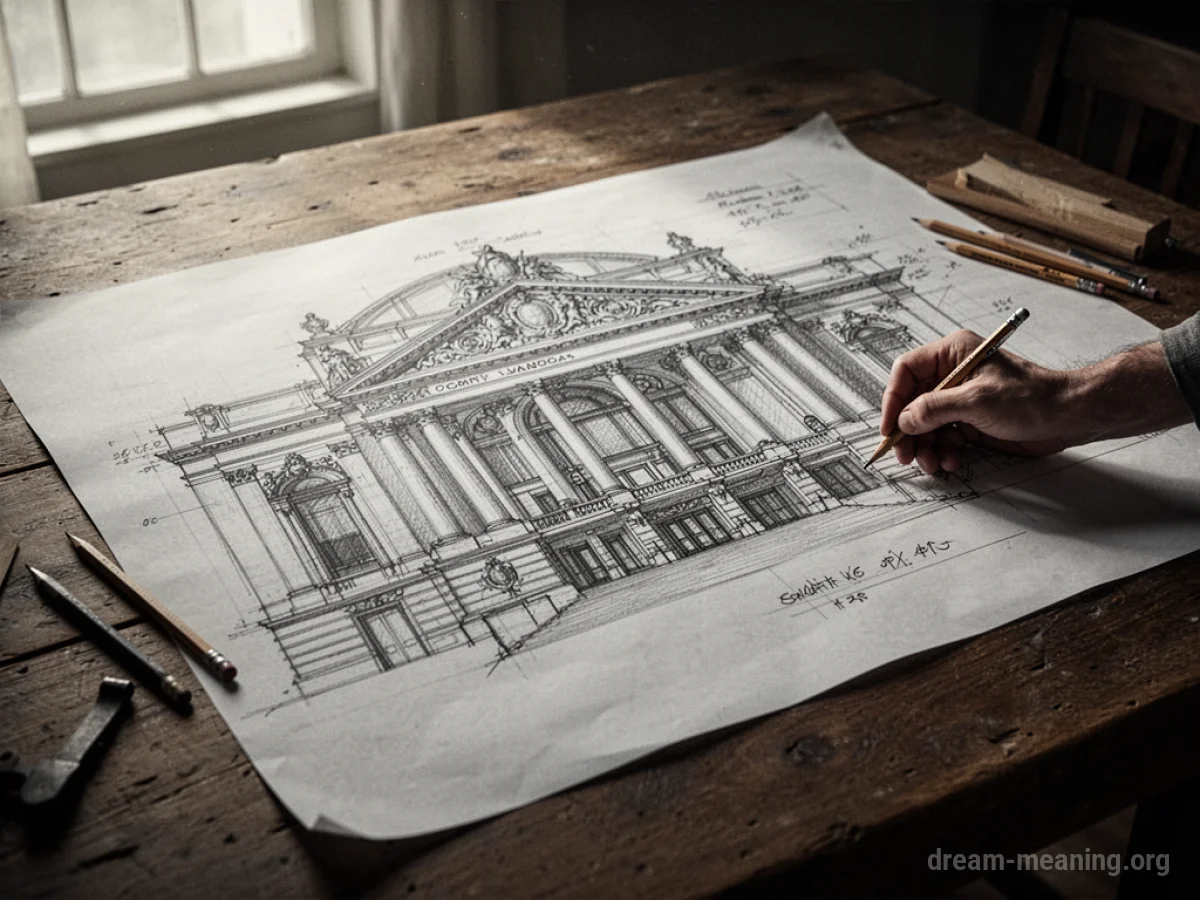 A hand drawing a theater blueprint on a table.