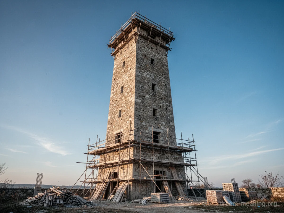 A partially constructed stone tower reaching towards the sky.