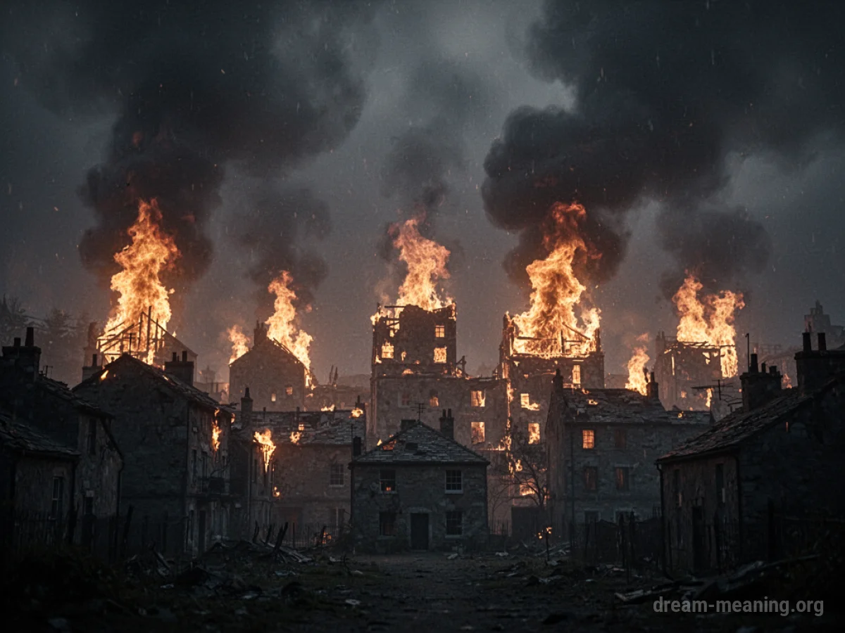 Silhouette of a town with buildings engulfed in orange flames under a dark, smoky sky.