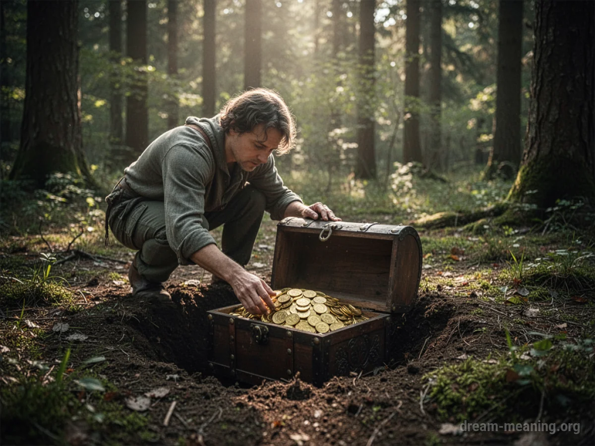 Person burying a chest of gold coins in a forest.