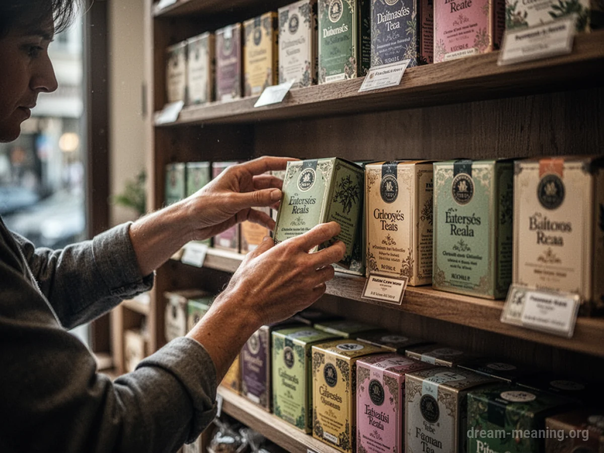Hands choosing tea boxes from a store shelf.