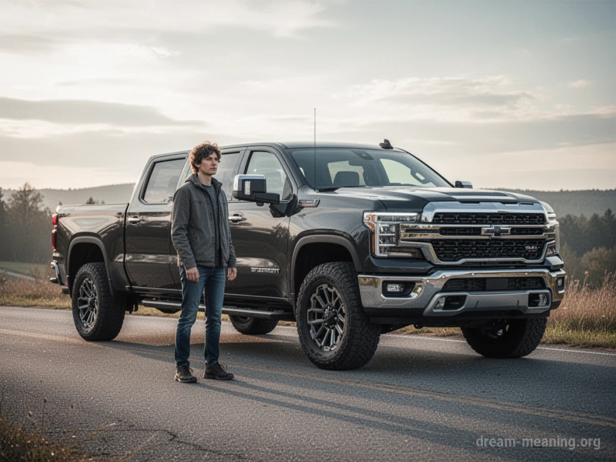 A person stands beside a large, modern pickup truck parked on a road.