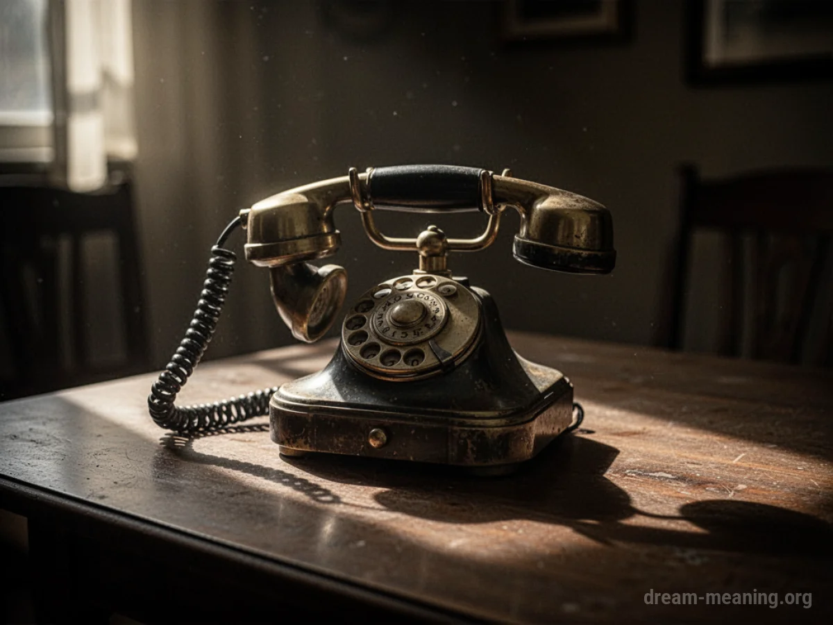 A vintage telephone on a table in a dark room.