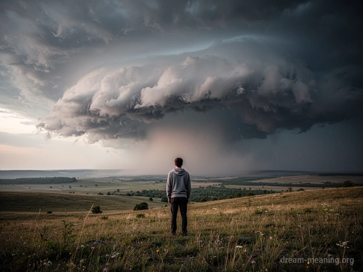 A person standing peacefully in a field with a stormy sky overhead.