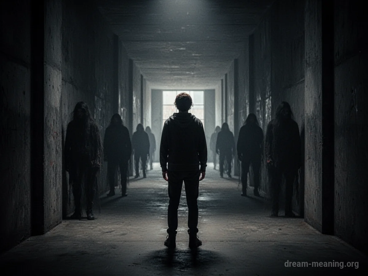 Silhouette of a person in a long, dark hallway.