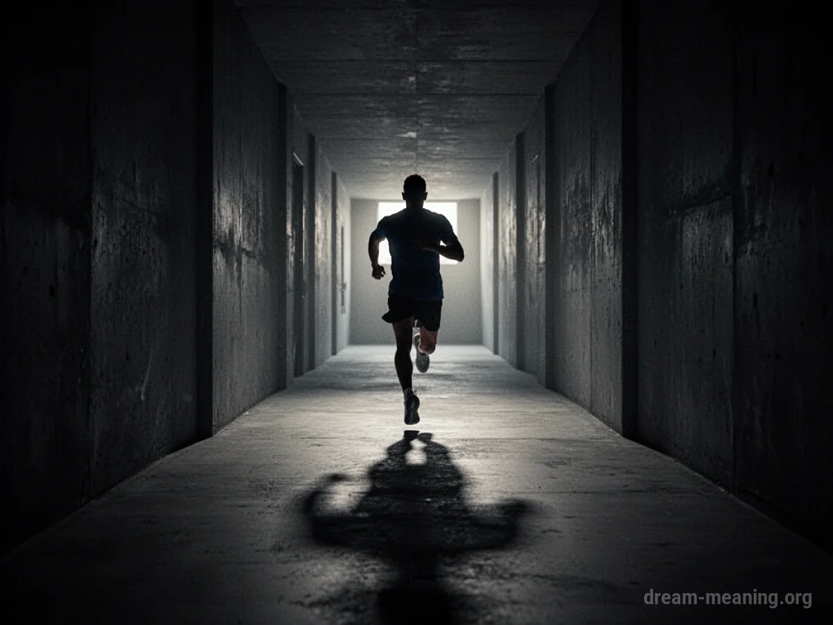Silhouette of a person running down a long, dark corridor.