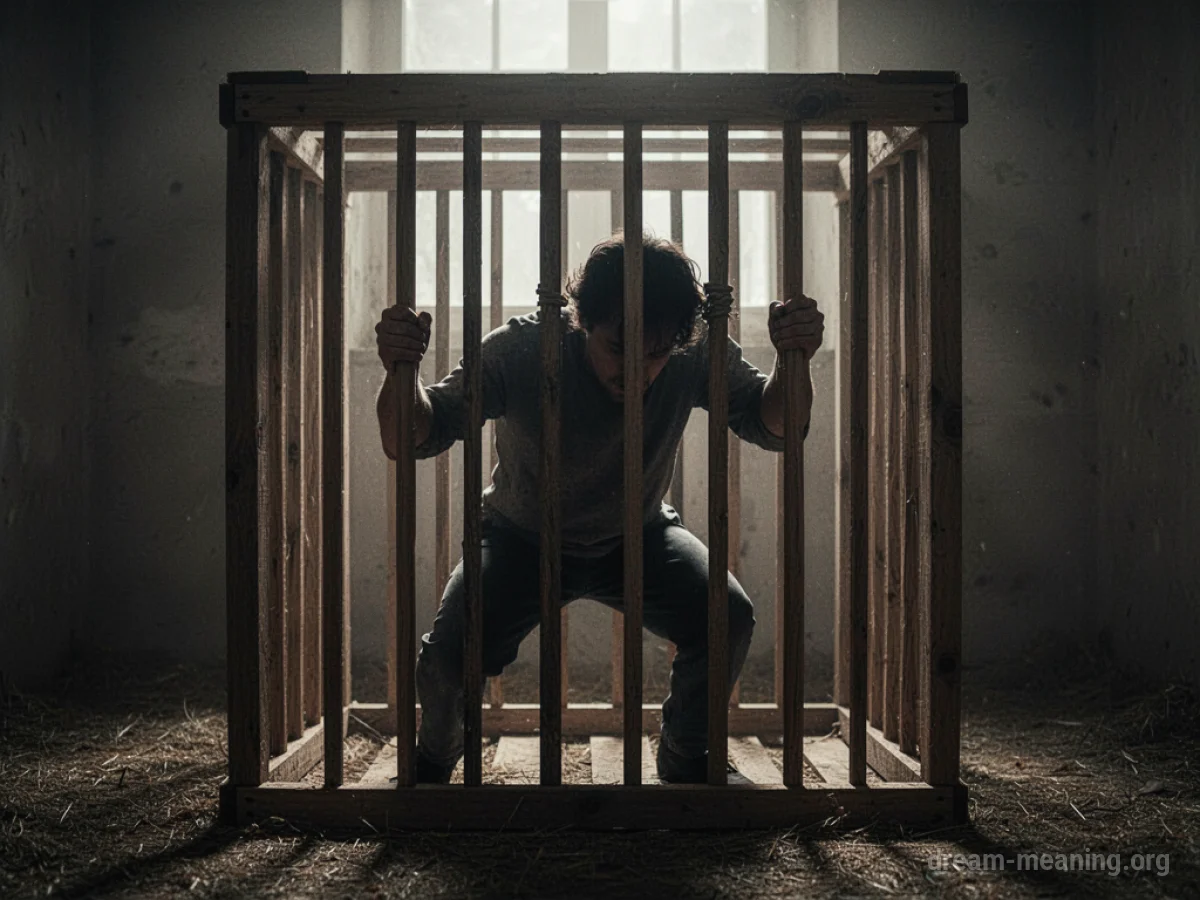 Silhouette of a person inside a wooden cage.
