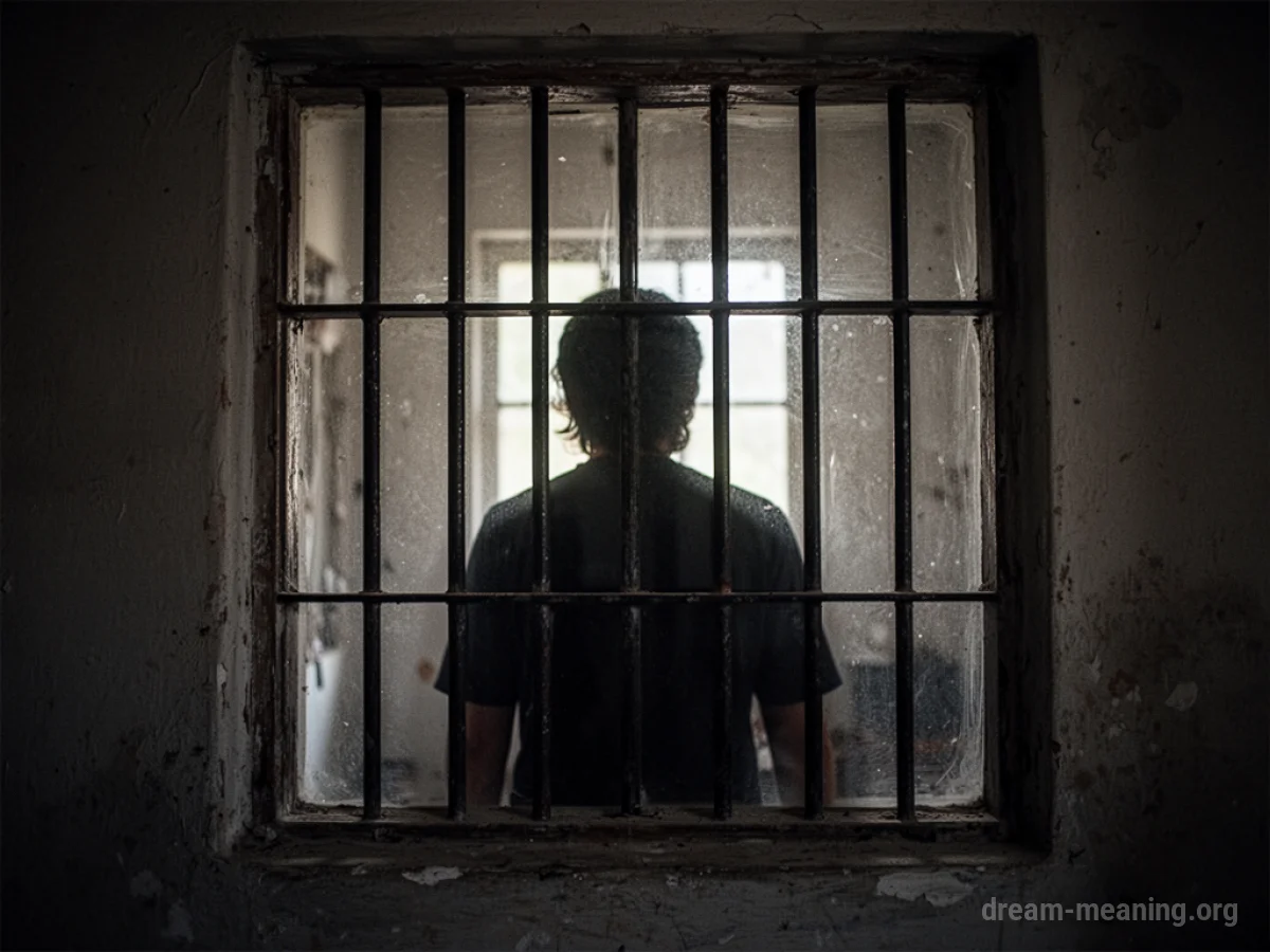 Silhouette of a person looking out through the bars of a window.