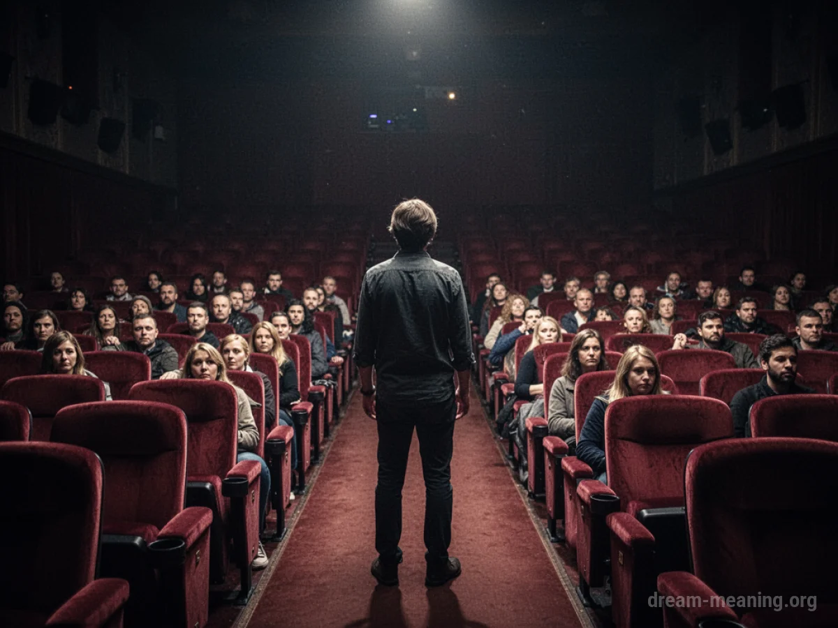 A person standing in a theater aisle looking at full rows of seats.