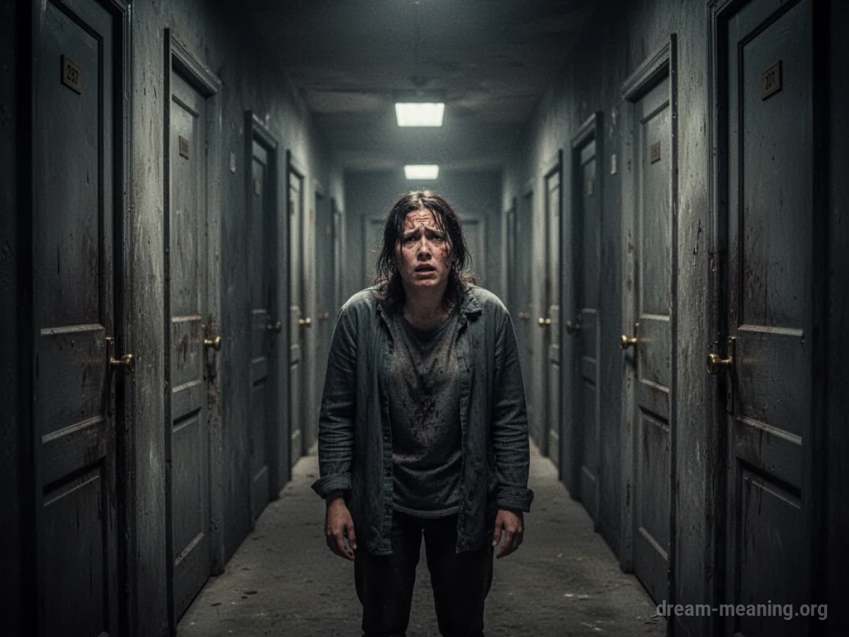 A person looking distressed in a dark hallway with many doors.