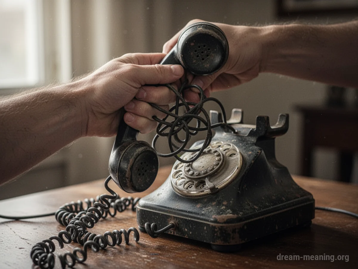 A hand holding a telephone receiver with a tangled cord.
