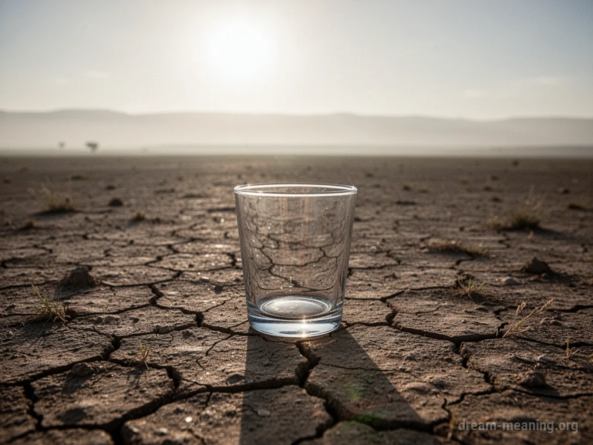 An empty glass sits on parched, cracked earth under a bright sun.