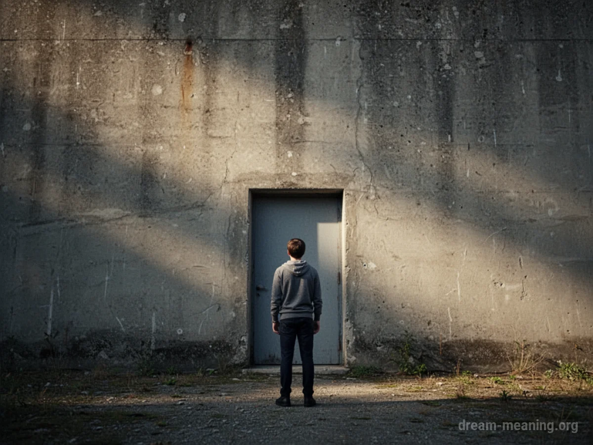 A person facing a large, impassive wall with a closed door.