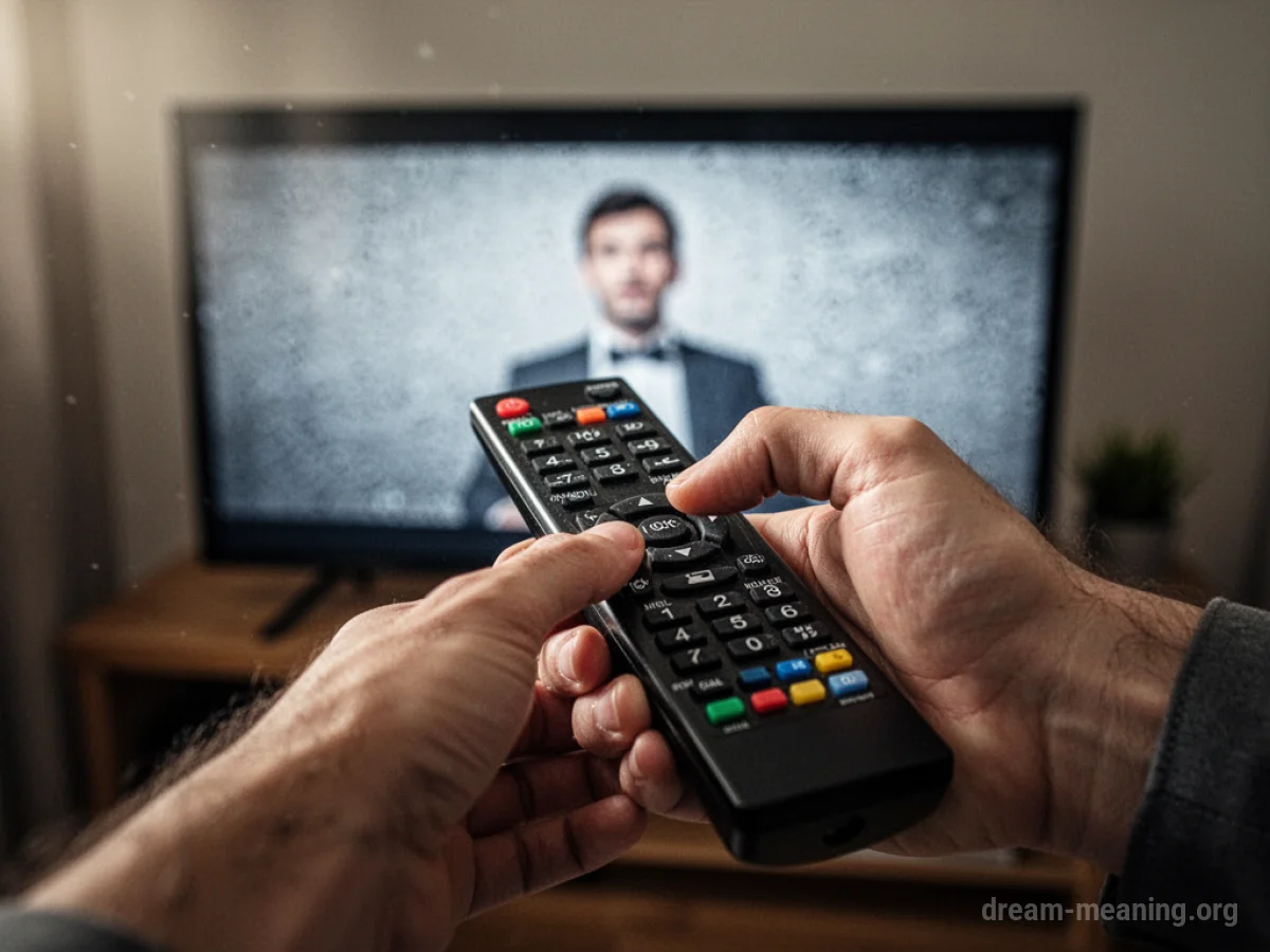 A hand holding a remote control, pressing a button towards a blank television screen.