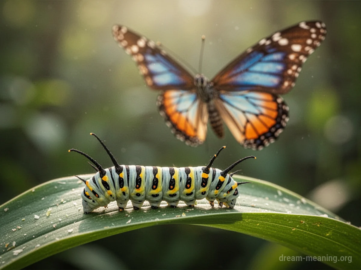 A caterpillar on a green leaf with a butterfly flying in the background.
